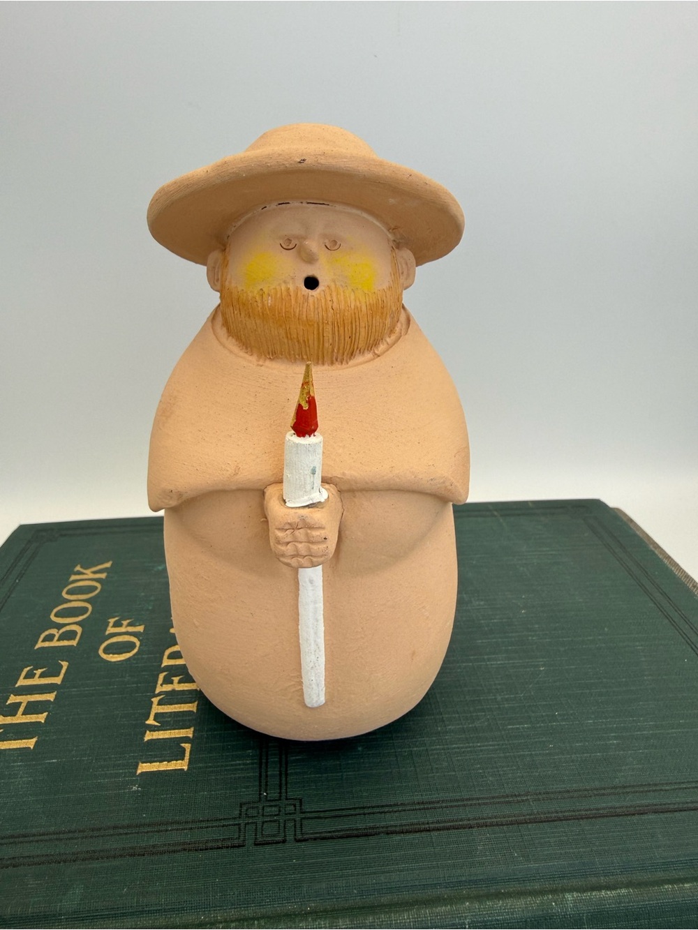 Terra Cotta Ceramic Folk Art Monk Holding Candle Figurine Sermar Chile
